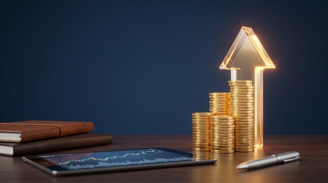 Business Financial Growth Concept Featuring Tablet Gold Coins Investment Analytics and Rising Arrow in Modern Office