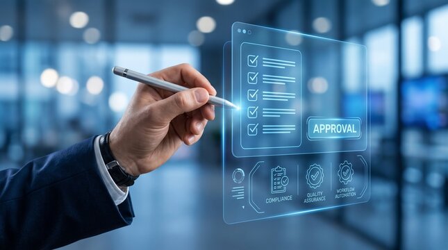 Business Professional Approving Checklist on Digital Tablet in Modern Office for Efficient Workflow Management