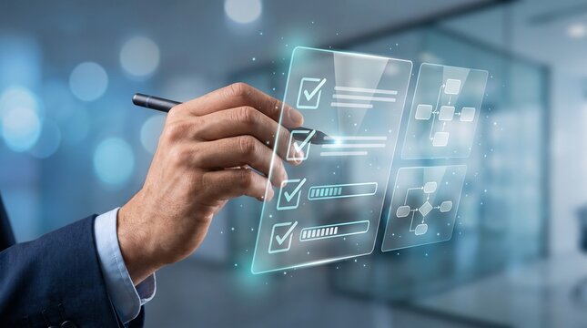 Business Project Management Digital Platform with Checklists Data Visualization and Professional in Modern Office