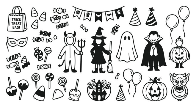 Halloween doodle icon set, hand drawn spooky characters and candy vectors, black and white holiday party elements for trick or treat invitations