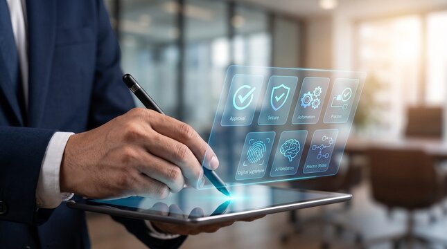 Business Technology Digital Transformation Concept with Businessman Using Tablet and Futuristic Interface