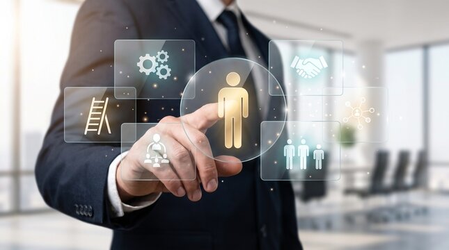 Business Human Resources Management Digital Platform with Workforce Symbols in Contemporary Office Environment