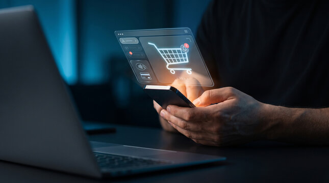 Shopping Online Retail Consumer Using Mobile with Laptop and Digital Cart Overlay in Dark Workspace Ecommerce Technology Concept