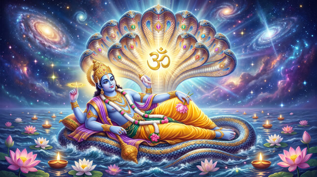 Lord Vishnu Resting on Shesha Naga in Cosmic Ocean for Nag Panchami Festival Religious Artwork Design