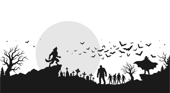 Halloween horror silhouette landscape, spooky graveyard with werewolf and vampire, gothic cemetery scene with zombies and bats vector