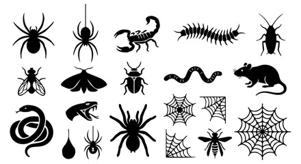 Creepy crawling insect silhouettes and pest icons, 20 black vector elements of spiders, snakes, and vermin for Halloween or exterminator graphics © TXPHIC