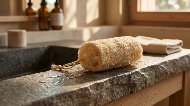 Natural exfoliating loofah sponge placed on wet stone bathroom counter with soft sunlight