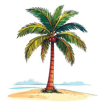 Single Coconut Palm Tree Illustration on White Background.