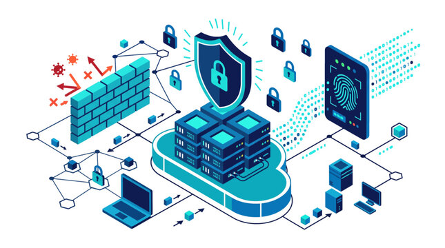  Cybersecurity and Cloud Protection Isometric Flat Vector Illustration