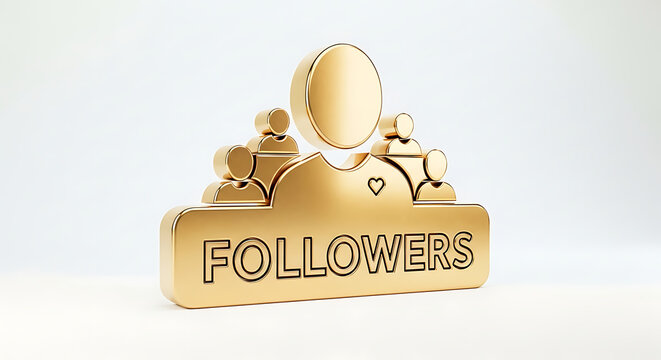 Golden social media followers icon, shiny metal badge, people symbol, follower count sign