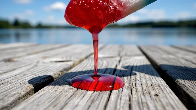Red white and blue popsicle melting on a wooden dock over lake water. Triple stack sequence showing frozen fruit treat dripping in the sun on summer day