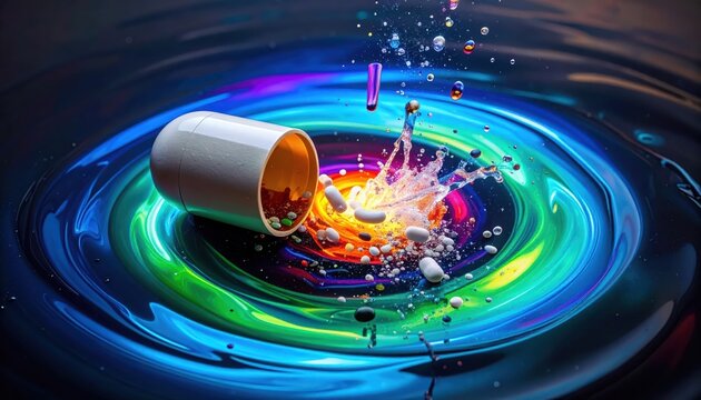 Pharmaceutical tablet breaking apart and dissolving in colorful liquid motion
