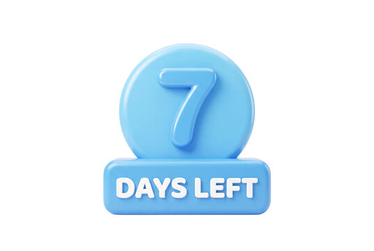 Blue 3D seven days left countdown badge, glossy plastic number 7 sign for promo sale isolated on Transparent Background