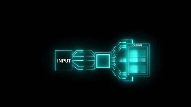 Digital Data Processing Animation, Cyber Information Flow from Input to Output, Futuristic Technology Concept of Motion Graphic Animation...