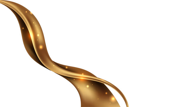 Abstract golden wave shape with glowing magical light particles floating in the air Vector