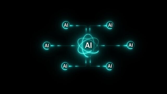 AI Sub-Agent Network Connected to Centralized Artificial Intelligence Core on Motion Graphic Animation.....