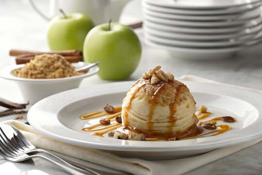 Delicious baked apple dumpling topped with sweet golden caramel sauce and crunchy nuts served on a white ceramic plate for a rustic gourmet dessert experience in a bright professional kitchen
