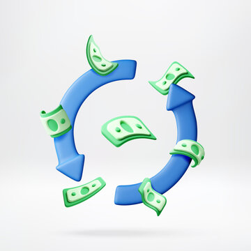 3D Money circulating in a blue circular arrow. Concept of cash flow, financial cycle and economic growth. 3D rendered illustration depicting return on investment and business profit.