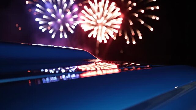 Fireworks exploding in night sky reflecting on blue surface of vehicle hood. Celebration light display above car exterior. Festive holiday event visual element