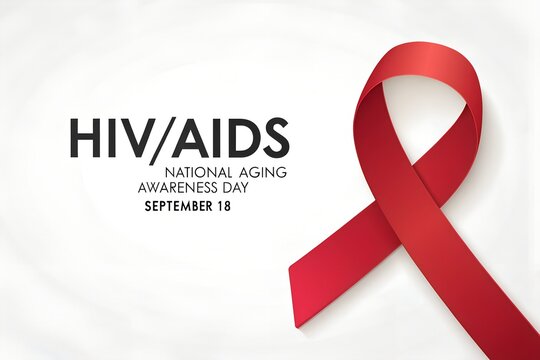 Bright red awareness ribbon representing support for hiv aids national aging awareness day on september eighteenth featuring bold black typography against a clean white background for medical and soci