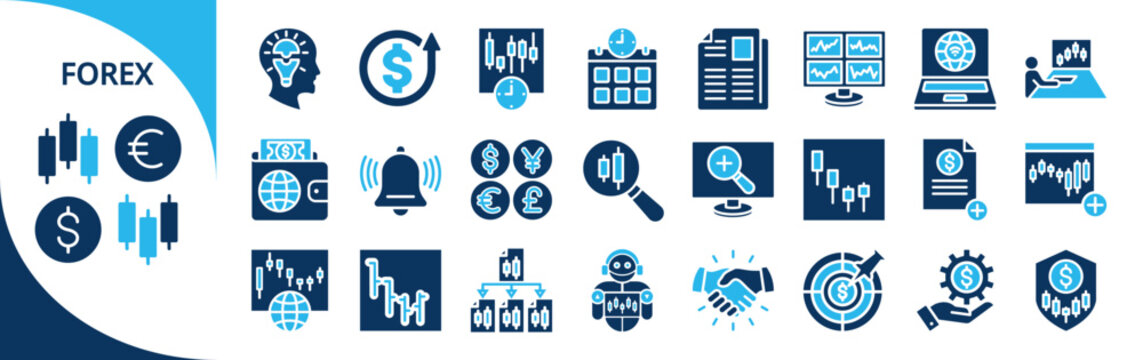 Forex glyph icon set. Contain forex trading, currency pairs, foreign exchange, signals, strategy, psychology, indicators, market analysis, calendar, support resistance, candlestick, copy trading