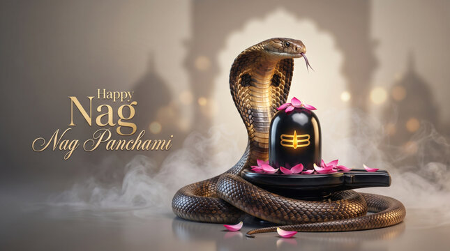 Sacred Cobra Protecting Shiva Lingam in Divine Temple for Happy Nag Panchami Festival Greeting Banner Design
