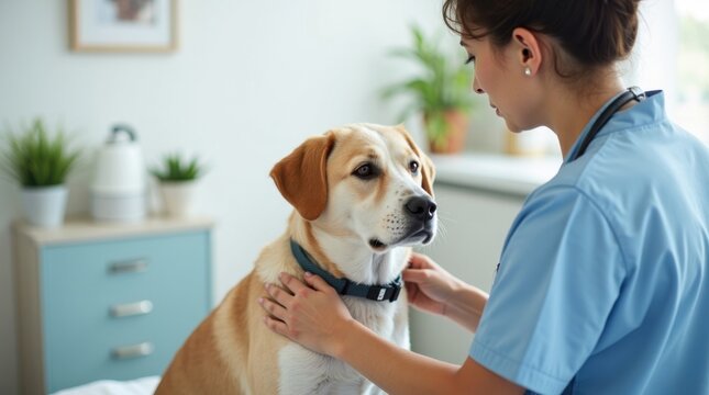 Veterinario examinando suavemente a un perro mestizo relajado durante una revisi&oacute;n de salud rutinaria