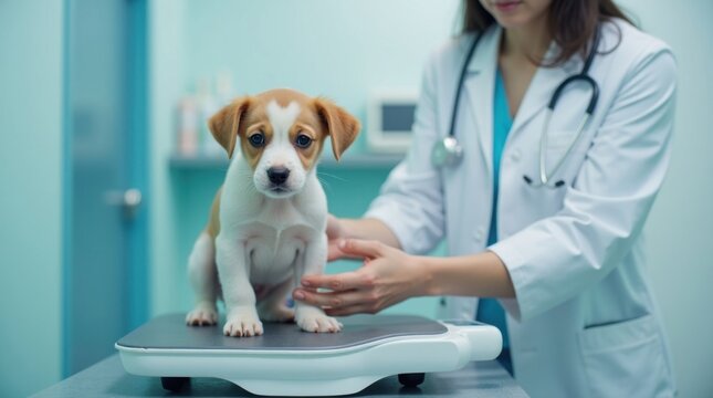 Un t&eacute;cnico veterinario pesa cuidadosamente a un cachorro tranquilo en una b&aacute;scula de exploraci&oacute;n digital, en una cl&iacute;nica moderna y luminosa