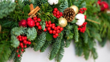 Fototapeta premium Close-up of lush evergreen garland with festive red berries, pinecones, and ornaments