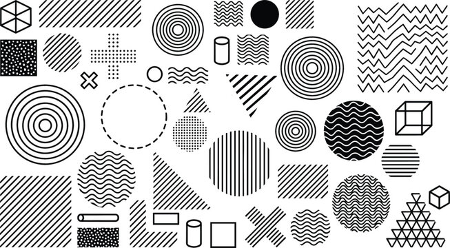 Abstract Memphis Geometric Shape Element Set with Black and White Halftone Dots Zigzags and Textured Patterns for Modern Graphic Designs