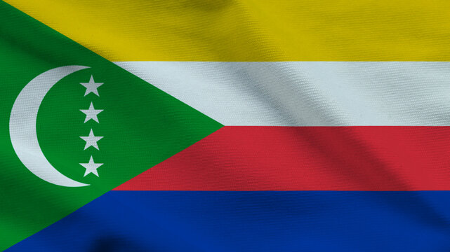 National flag of the Comoros on wavy cloth. Features four stripes and a green triangle with a white crescent and four stars. Professional top-down view for island news and national events.