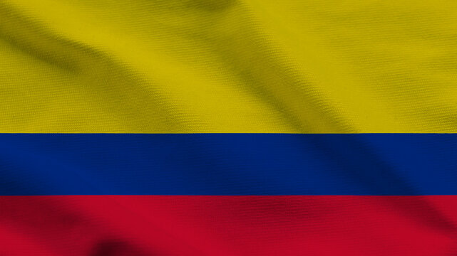 National flag of Colombia on wavy cloth. Features yellow, blue, and red horizontal bands. Professional top-down shot for South American culture, news, and Independence Day.