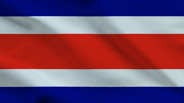 National flag of Costa Rica on wavy cloth. Features horizontal bands of blue, white, and red. Professional top-down perspective for Central American travel and national holidays.