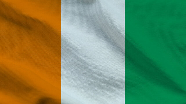 National flag of Ivory Coast on wavy textile. Features vertical orange, white, and green bars. Professional top-down view for West African holidays, news, and patriotic designs.
