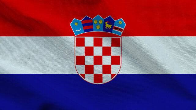 High-quality top-down view of the Croatian flag on wavy cloth. Features the tricolor and checkerboard crest. Ideal for sports, news, and national celebrations.