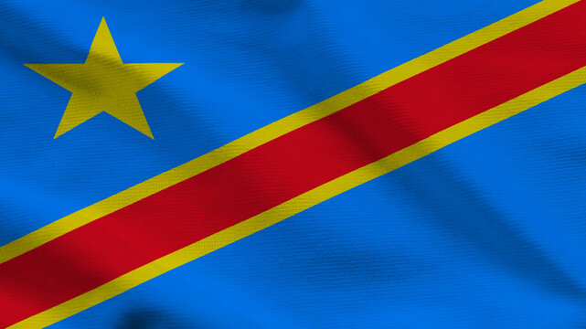 National flag of the DRC on wavy textile. Features a blue field, yellow star, and red diagonal stripe with yellow border. Top-down view for national news and African themes.