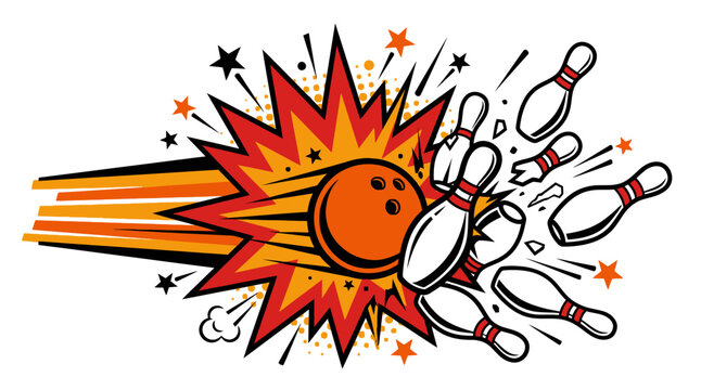 Retro pop art bowling strike vector illustration, isolated on white