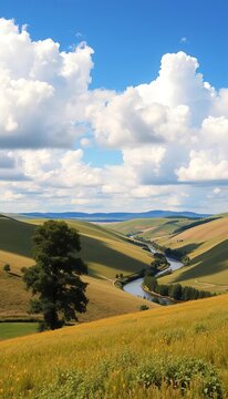 Serene countryside scene with rolling hills, meandering river, towering tree, and fluffy white clouds in a brilliant blue sky, rural, ||clouds