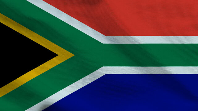 National flag of South Africa on wavy cloth. Features green, black, gold, white, red, and blue colors. Professional top-down perspective for national news, sports, and independence events.