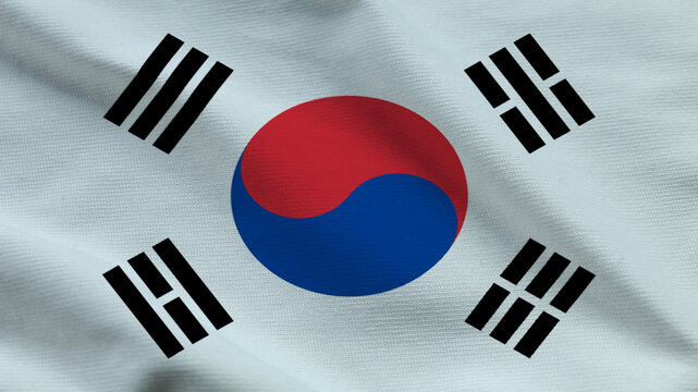 National flag of South Korea on wavy cloth. Features the central yin-yang symbol on a white field. Top-down view for Asian business, travel, and independence day themes.