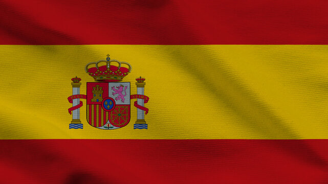 High-quality top-down view of the Spanish flag on wavy cloth. Features red and yellow stripes with the royal emblem. Perfect for travel, European news, and national holiday themes.
