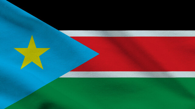 National flag of South Sudan on wavy cloth. Features horizontal bands and a blue triangle with a golden star. Top-down view for news, history, and independence day celebrations.