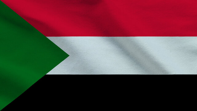 National flag of Sudan on wavy cloth. Features horizontal red, white, and black bands with a green triangle. High-quality top-down view for North African news and independence events.