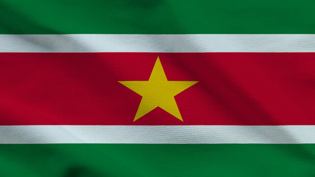 National flag of Suriname on wavy cloth. Features horizontal green and white bands with a red center and gold star. Top-down view for national holidays and South American themes.