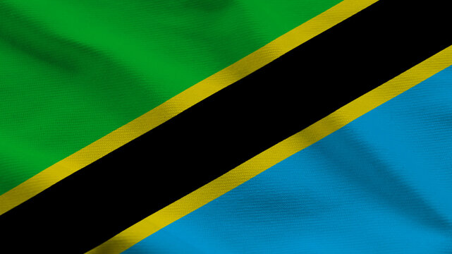 National flag of Tanzania on wavy cloth. Features diagonal green and blue sections divided by black and yellow. High-quality top-down view for African travel and independence day.