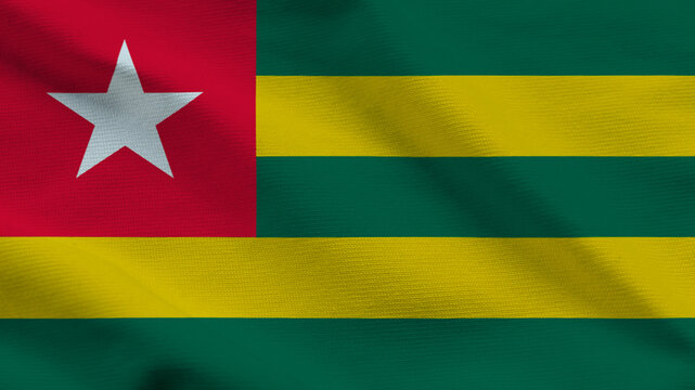 National flag of Togo on wavy cloth. Features five stripes with a white star on a red square canton. High-quality top-down view for African news and national independence day.