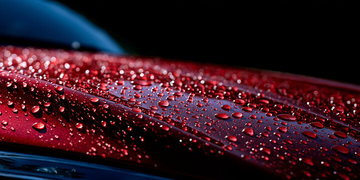 Close up of crystal clear water droplets beaded on a luxury deep red metallic car hood after rain or wash, showcasing ceramic coating protection and professional automotive detailing work