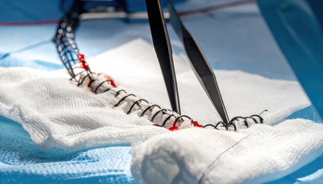 Precise Surgical Sutures Being Placed on Sterile Gauze for Wound Closure