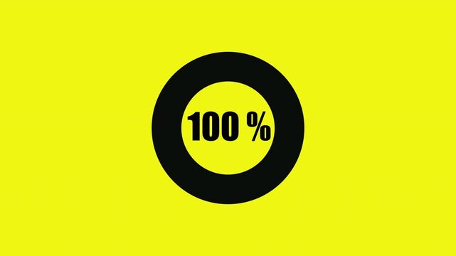 A loading animation featuring a white circle on a yellow background. The number 100 appears inside the loading circle. An animation showing a transfer or download process progressing from zero to one 