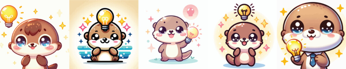 Vector of a cute cartoon otter character holding a light bulb © FirdianKrisna
